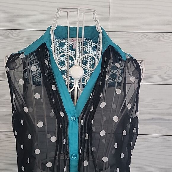 Candies Polka Dot Sleeveless Top - Black and Teal Womens Size XS - Picture 2 of 11